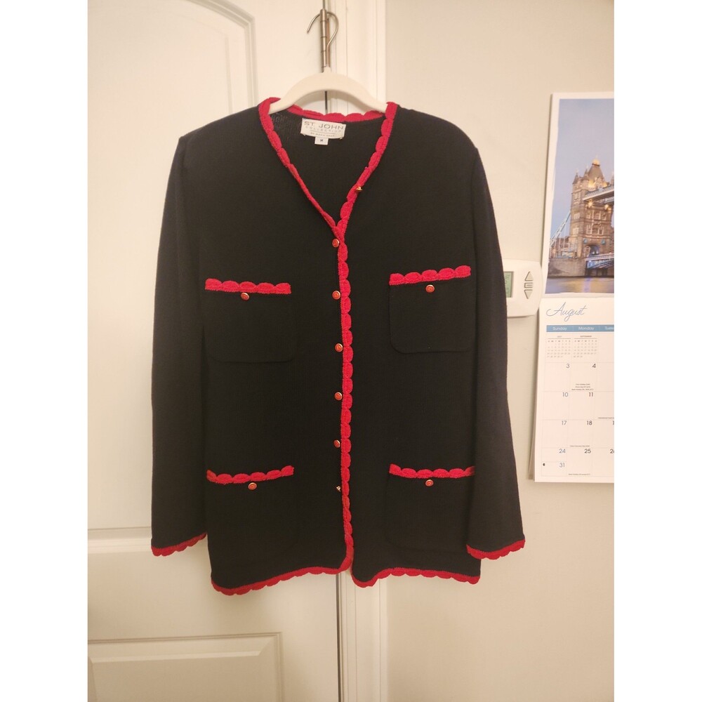 St. John Collection by Marie Gray Black Knit Blazer Cardigan w/ Red Trim Size M